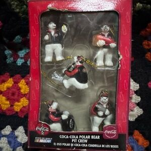 Vintage Coca-Cola NASCAR Polar Bear Pit Crew Christmas Ornament Set